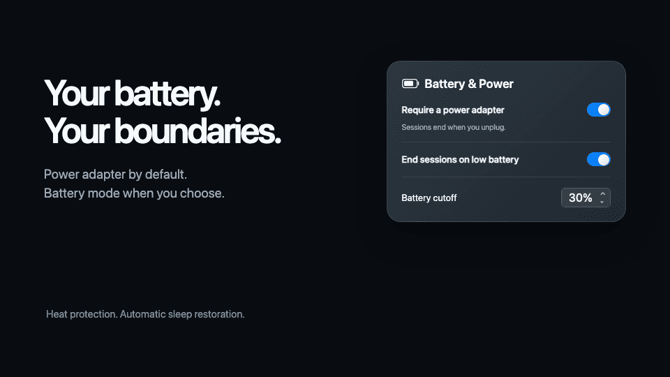 Untiring illustration showing power-adapter and low-battery controls